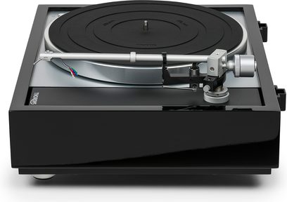 Thorens TD 1600 sort lakeret pladespiller, set ovenfra, tonarm med pickup, mat sort pladedrev, rektangulært blankt sort chassis