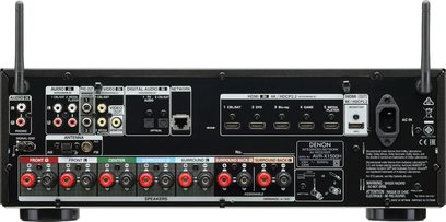 Denon AVR-X1500H sort hjemmebiografsforstærker, bagside, audio/video-tilslutninger, antenne, netværk, højttalere, strømforsyning