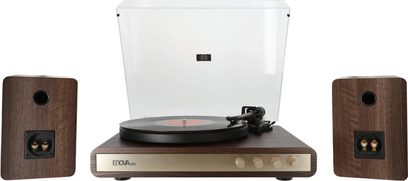 Hi-fi pladespiller Enova HIFI VELA VP2 med trækabinet, gennemsigtigt låg, sort cirkulær pladetallerken, sort tonearm, front med 4 runde knapper, 2 rektangulære trækabinet-højttalere med tilslutninger og cirkulære basrefleksporte.