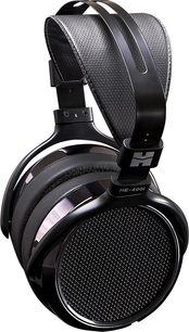 Åbent hi-fi hovedsæt Hifiman HE400i, sort, set fra venstre profil, ovale metaltrådsgittrede ørepuder, læderpolstret hovedbøjle