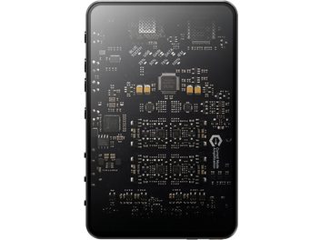 Portable Questyle SIGMA black audio converter with glass front panel revealing the internal printed circuit board