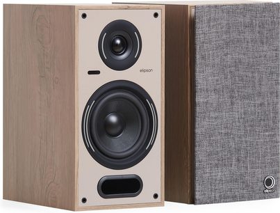Pár aktivních reprosoustav Elipson Horus 6 Active BT Phono ve světlém dřevě, výškový reproduktor, basový reproduktor a přední bassreflex, šedý textilní kryt
