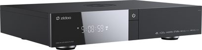 Přehrávač médií Zidoo Z2600 černý, pohled zepředu, LED displej "9:08:59", vypínač, USB port a HDMI port