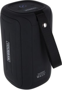 Altavoz bluetooth Yourban Getone 35 negro, vista en ángulo, forma cilíndrica, botón central, correa negra, logo visible