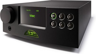Naim Audio DAC-V1 USB sort audio-konverter, frontvisning, grønt display, 6 knapper, hovedtelefonstik og lydstyrkeregulering