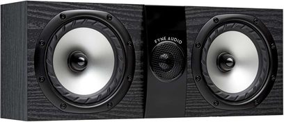 Fyne Audio F300C højtalere i sort træ, set forfra, to runde sorte højttalere i rektangulære kabinetter af mørkt træ