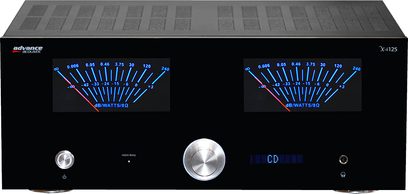 Hi-fi stereo zesilovač Advance Paris X-i125 černý, přední panel se dvěma modrými VU metry, stříbrná tlačítka a konektory