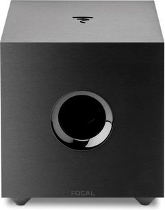 Subwoofer Focal CUB Evo černý, pohled zepředu, krychlový tvar, matná černá povrchová úprava, uprostřed lesklý černý kruhový reproduktor