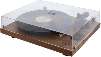 Giradischi in vinile Enova HIFI Vision 2 SET in noce, finitura Dark wood, vista dall'alto in prospettiva, coperchio trasparente chiuso