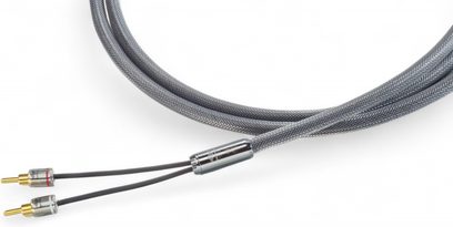 Cavo per altoparlanti Siltech Explorer 180L SSP HP 2x3 m, guaina intrecciata grigia, forcelle metalliche a Y, due connettori a banana dorati, vista dall’alto