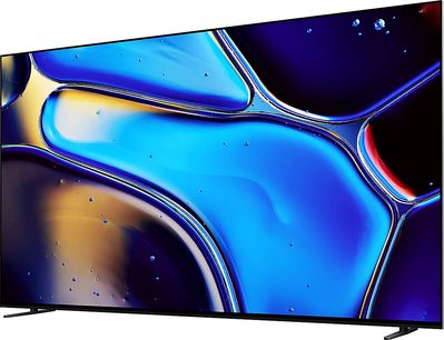 Sony BRAVIA 8 (65XR80) fladskærm, set forfra, abstrakt billede med levende farver blå, gul, rød, sort
