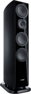 Canton Vento 81 floorstanding speaker in black lacquer, front view slightly from the side with four visible drivers