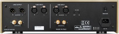 Amplificatore stereo a valvole Gold Note TUBE-1006 gold vista posteriore con uscite e ingressi XLR e RCA