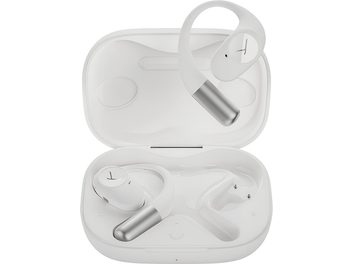 Auricolari Beyerdynamic Amiron 200 bianchi in plastica, ganci auricolari e finiture metalliche, custodia di ricarica aperta