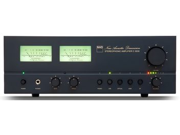 Amplificator hi-fi stereo NAD C3030 negru, panou frontal vintage cu doi vu-metrii verzi, buton mare de volum și selectoare de intrări