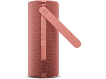 Prenosný Bluetooth reproduktor Loewe We. HEAR 2 koralovočervený, pohľad spredu s viditeľným remienkom a ovládacími tlačidlami