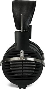 Öppen hifi-hörlur STAX SR-X1, framifrån, svart öronkåpa med metallgaller och svart läderband