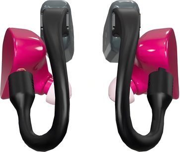 Transmetteurs uden ledninger iFi Audio GO Pod Air, set forfra, rektangulære grå plastikmoduler forbundet med fleksible sorte kroge til lyserøde fuchsia in-ear-høretelefoner med glans og lyse lyserøde silikonespidser