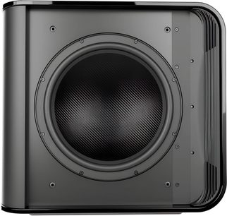 MartinLogan Depth 215 subwoofer i sort lak, set forfra med stor cirkulær højttaler ცენტრ