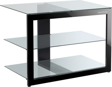 Sort glastv-møbel med metalben, 3 hylder, moderne og minimalistisk design, set lidt fra siden forfra