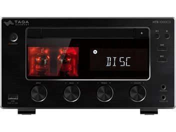 Partea frontală a unui sistem audio Taga Harmony HTR-1000CD negru, tuburi cu vid roșii, butoane rotative, slot pentru CD, porturi USB