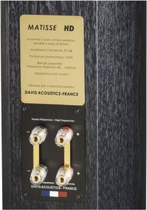 Davis Acoustics Matisse HD søjlehøjttaler i sort ask, frontvisning, 4 runde, forgyldte højttalere, rektangulært, forgyldt navneskilt