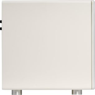 Velodyne VI-Q 10 subwoofer wit, zijaanzicht met glad front en zilverkleurige cilindrische voeten