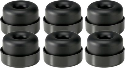 Seks svarte, sylindriske, lakkerte SVS SoundPath vibrasjonsdempere for HI-FI-elektronikk, sett forfra