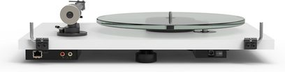 Platine vinil hi-fi Pro-Ject T2 Super Phono branco fosco vista traseira com prato de vidro, braço de leitura e conectores visíveis