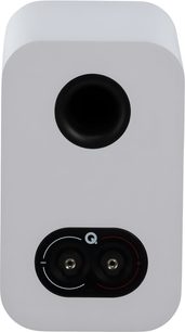 Q Acoustics 3010c white bookshelf speaker in matte-finish MDF enclosure, rear view, featuring a circular black bass-reflex port at the top and an oval black plate with Q logo and two terminals marked +/-