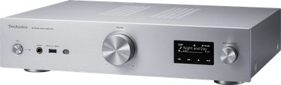 Technics SU-GX70EG-S stereo hi-fi forstærker, set forfra, sølvfarvet front med knapper, volumenkontrol og digitalt display