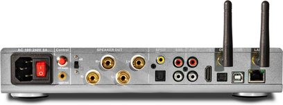 Nuprime Omnia A-300 stereo hi-fi forstærker, set bagfra, audio-tilslutninger og strømforsyning, sølvfarvet metalkabinet, sorte wi-fi-antenner