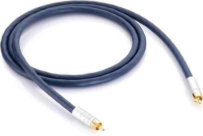 Inakustik Connect 212 Sub-Mono subwooferkabel, 5 m, mørkeblå, fleksibel PVC-kappe, metal-RCA-hanstik med forsølvede og forgylte spidser, ovenfra set