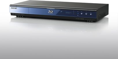 Sony BDP-S350 sort Blu-ray-afspiller, set forfra, liggende fladt på en reflekterende hvid overflade
