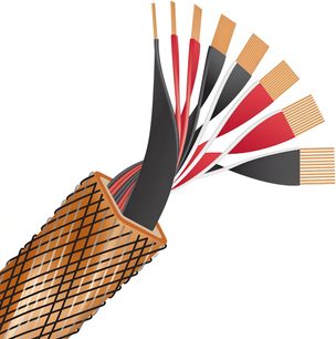 Reproduktorový kábel, prierez, vonkajší opletený oranžový plášť, vnútorné vodiče čierne, červené, biele, medené