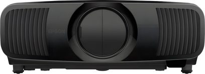 Βιντεοπροβολέας Epson EH-LS9000B μαύρος από πλαστικό, μπροστινή όψη, κεντρικός φακός με κάλυμμα, πλευρικά πλέγματα
