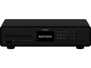 Sistema audio hi-fi tutto-in-uno Sonoro Maestro Quantum nero opaco, vista frontale, con schermo, pulsanti e connettori sul pannello anteriore
