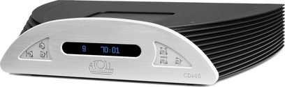 Atoll CD400 sølvfarvet CD-afspiller, frontvisning, blåt digitalt display "70:01", børstet aluminiumsfront og -låg, sorte gitre