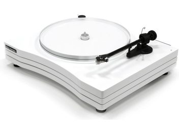 New Horizon 203 white turntable with VM520EB white cartridge, top view, tonearm with cartridge, white platter