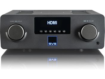 Ampli hi-fi stereo SVS Prime Wireless Pro SoundBase černý, přední panel s HDMI displejem a tlačítky, 2 ovládací kolečka po stranách