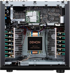 Denon AVC-X8500HA sidabrinės spalvos namų kino stiprintuvas, priekinis vidinis vaizdas, spausdintinės plokštės, elektroniniai komponentai, transformatorius