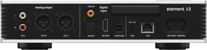 Reproductor de audio en red Matrix Audio Element i2 plateado de aluminio, vista trasera, panel negro con salidas analógicas RCA y XLR, entrada coaxial, puertos USB y LAN, toma de corriente tipo IEC