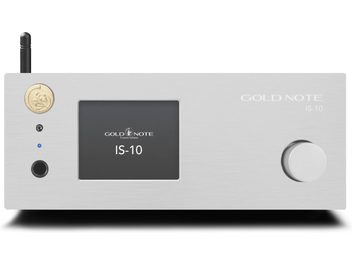 Integreret stereo hi-fi forstærker Gold Note IS-10 sølv, set forfra, cirkulær knap til højre, centralt display, logo øverst til venstre