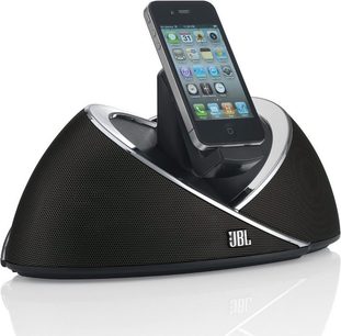 Sortdokking JBL On Beat til smartphone, sort, afrundet trekantet form, sorte højttalere, sølvfarvet stander