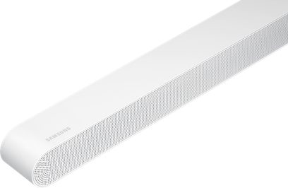 Hvid Samsung HW-S711D soundbar, set forfra, aflang rektangulær form med metalrist over hele overfladen
