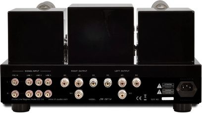 Line Magnetic LM-150IA sort rørforstærker, frontvisning, 3 moduler med knapper og stik, 2 transformatorer øverst