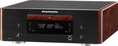 Marantz HD-CD1 sort CD-afspiller, frontvisning, digitalt display, kontrolknapper og -hjul, træfront