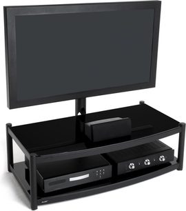 Sort TV-møbel med fladskærmsbeslag, glashylde og opbevaringsrum til audio-/videoudstyr, set forfra