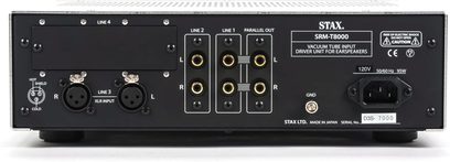 STAX SRM-T8000 silver headphone amplifier, front view, connectors and controls on the front panel, 120V 50/60Hz 95W AC power supply