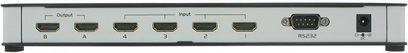 HDMI-switch Research CBH4002 med 6 indgange og 2 udgange, set forfra, med nummererede HDMI-porte og RS232-port